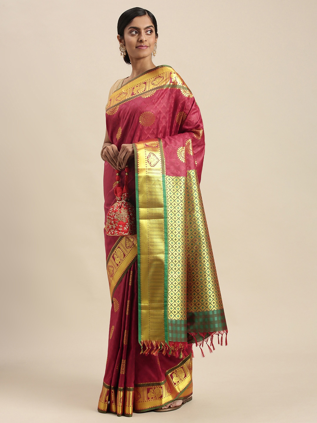 

Thara Sarees Maroon & Golden Ethnic Motifs Zari Art Silk Kanjeevaram Saree