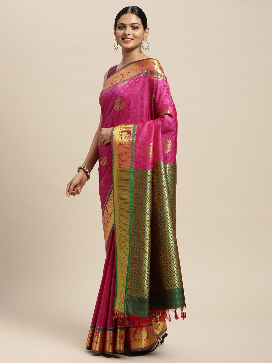 

Thara Sarees Pink Ethnic Motifs Zari Art Silk Kanjeevaram Saree