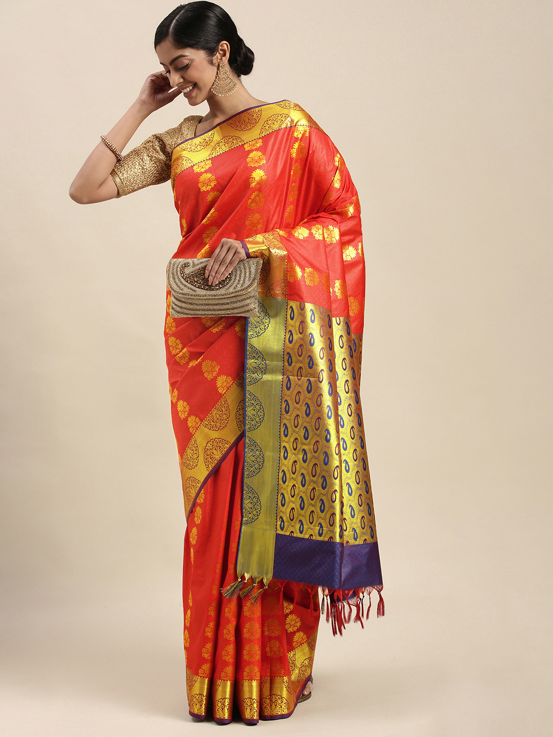 

Thara Sarees Peach-Coloured & Golden Ethnic Motifs Zari Art Silk Kanjeevaram Saree