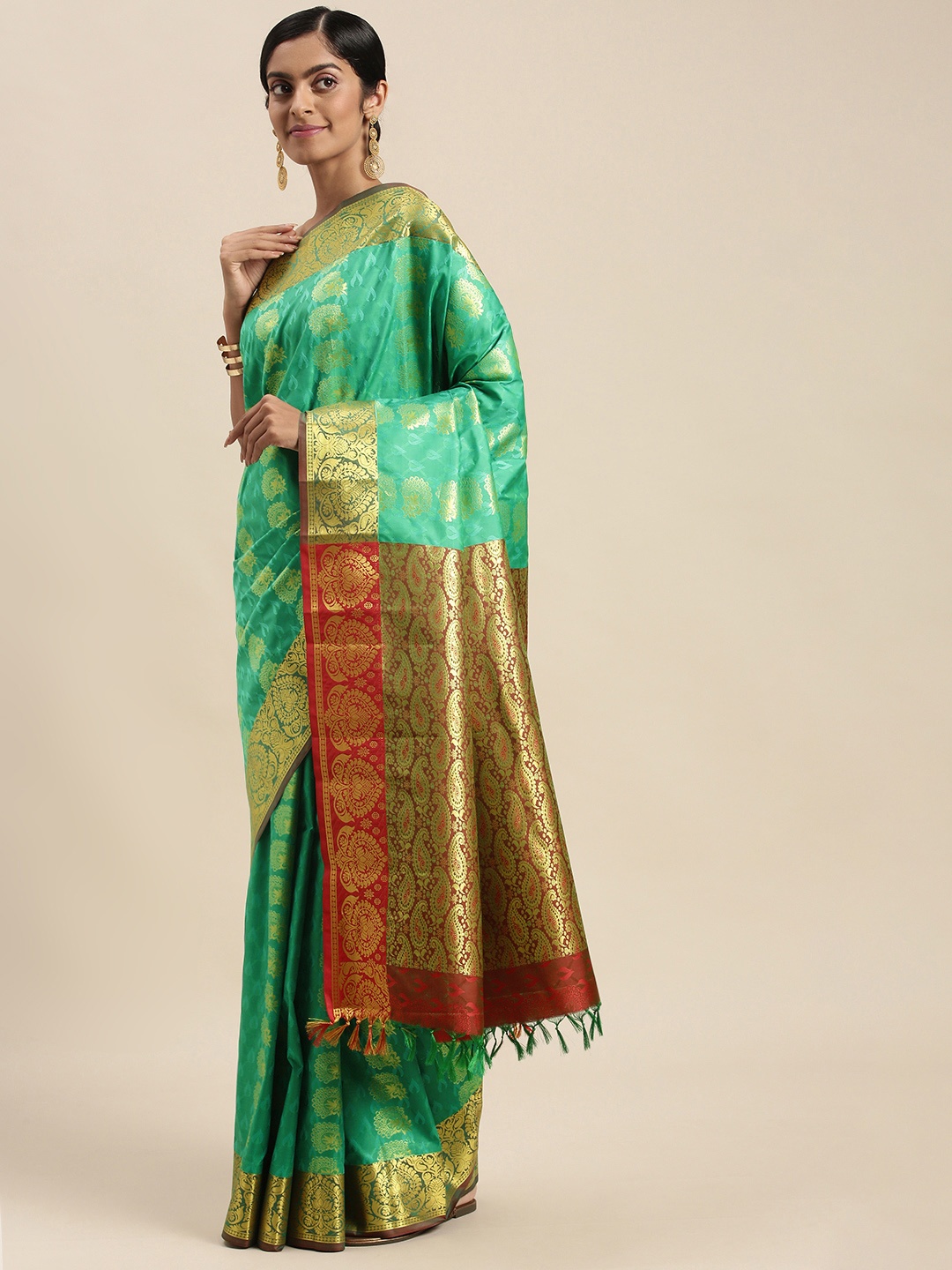 

Thara Sarees Sea Green & Golden Ethnic Motifs Zari Art Silk Kanjeevaram Saree