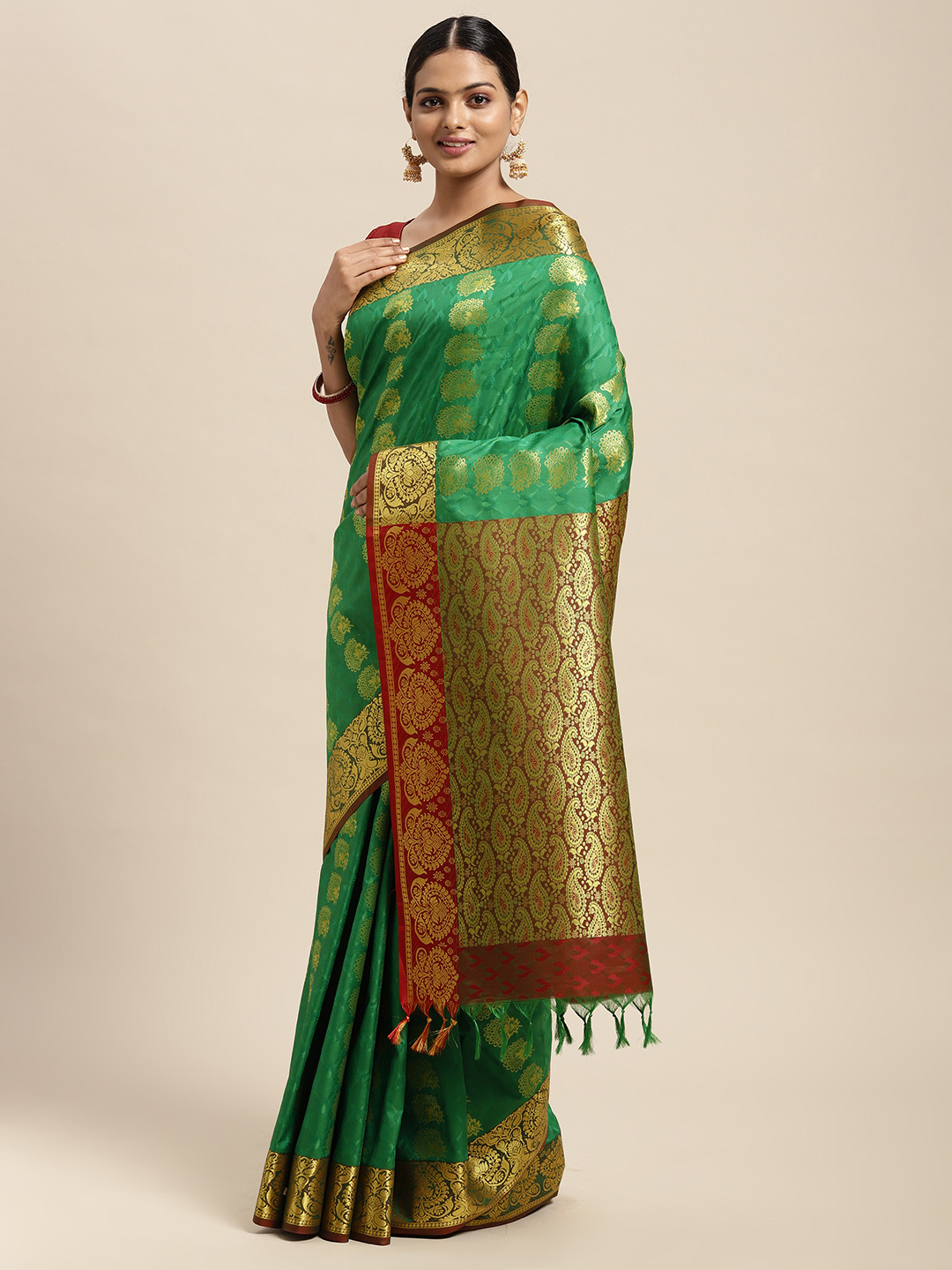 

Thara Sarees Green Ethnic Motifs Zari Art Silk Kanjeevaram Saree