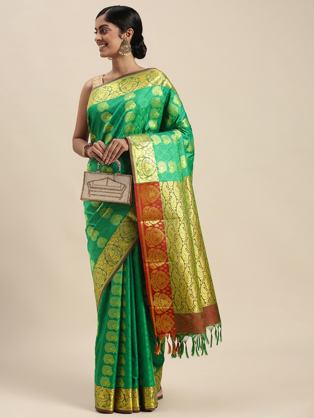 

Thara Sarees Teal Green & Golden Ethnic Motifs Zari Art Silk Kanjeevaram Saree