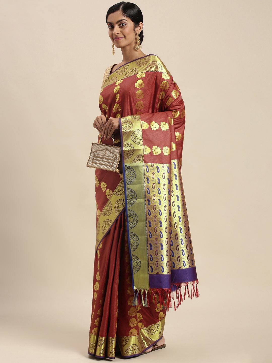 

Thara Sarees Maroon & Golden Ethnic Motifs Zari Art Silk Kanjeevaram Saree