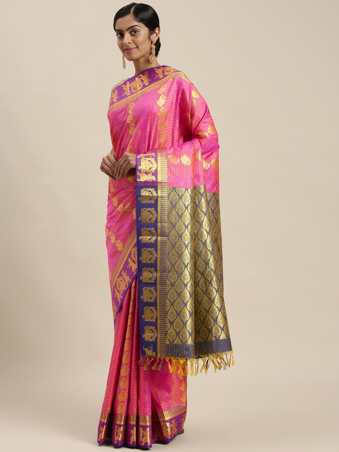 

Thara Sarees Pink & Golden Paisley Zari Art Silk Kanjeevaram Saree