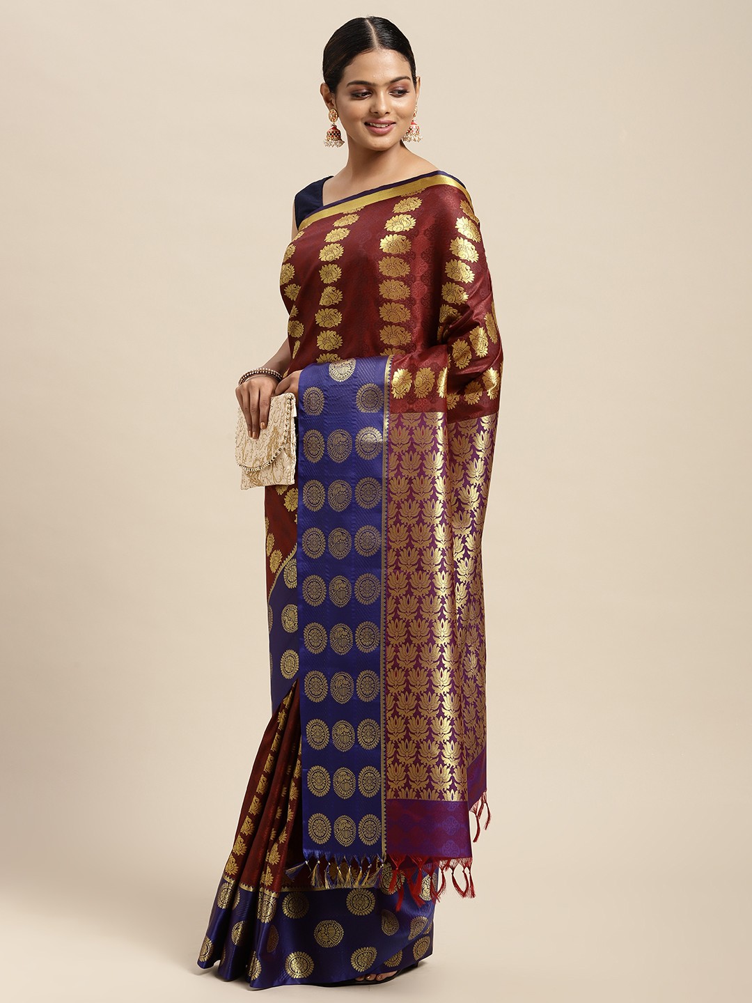 

Thara Sarees Maroon Woven Design Zari Art Silk Kanjeevaram Saree