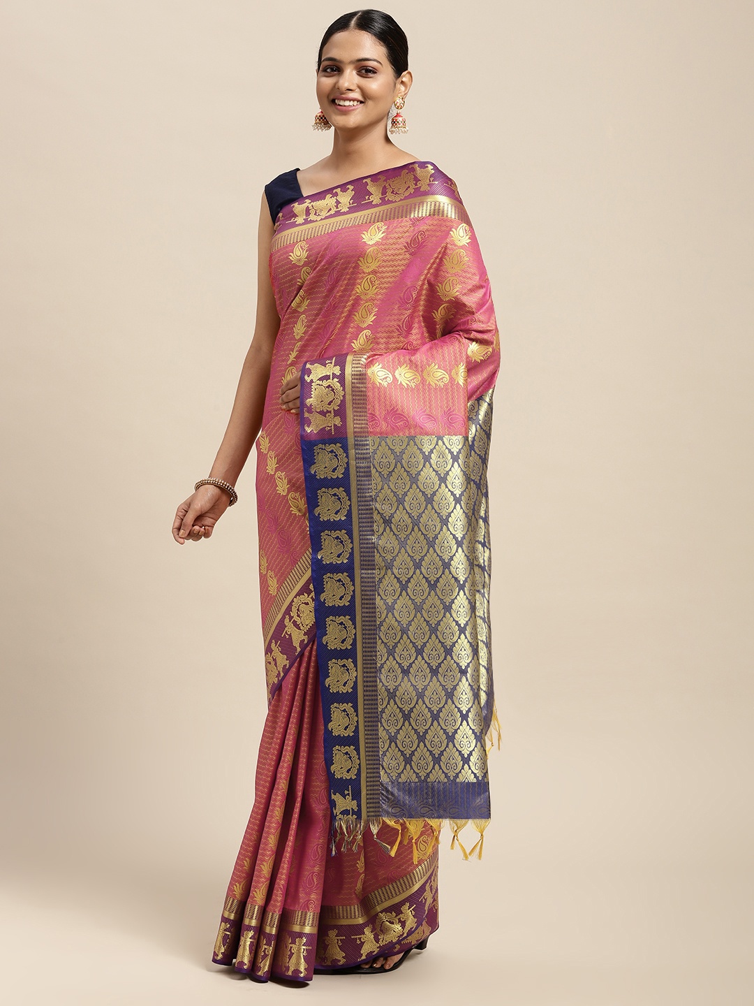 

Thara Sarees Pink Paisley Zari Art Silk Kanjeevaram Saree