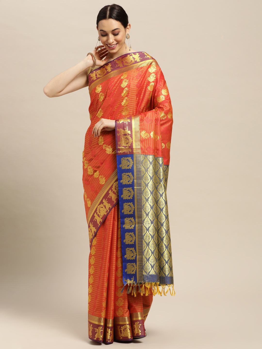 

Thara Sarees Orange Paisley Zari Art Silk Kanjeevaram Saree