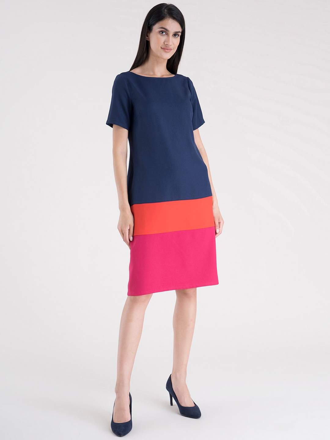 

FableStreet Navy Blue and Coral Colourblocked A-Line Dress