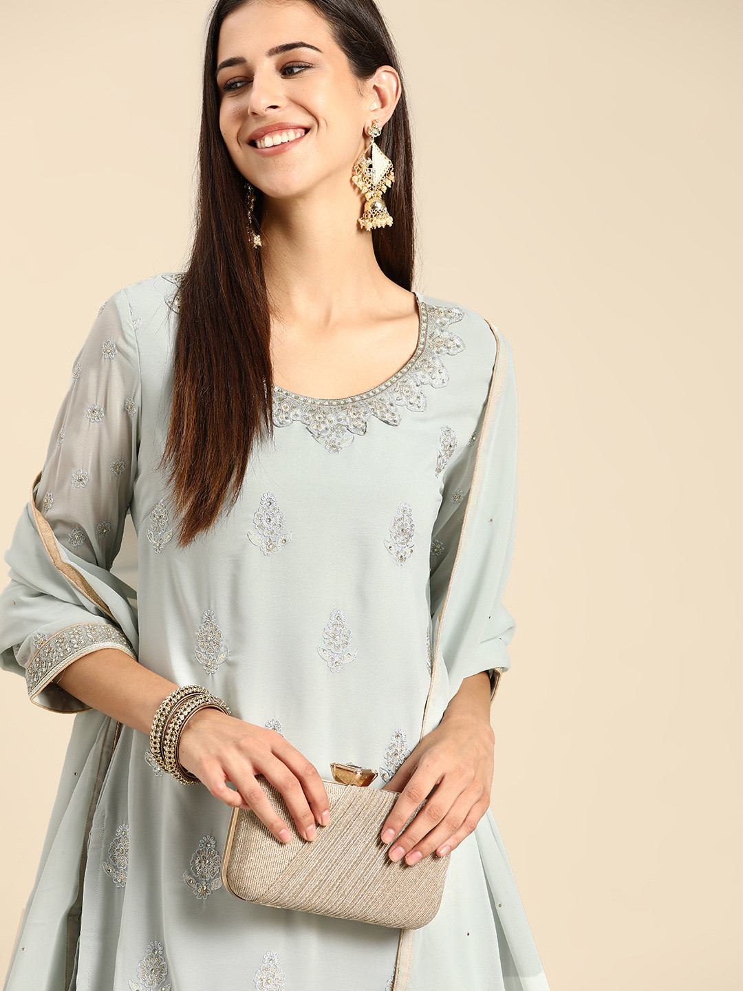 

Anouk Women Grey Ethnic Motifs Pleated Sequinned Kurta with Palazzos & With Dupatta