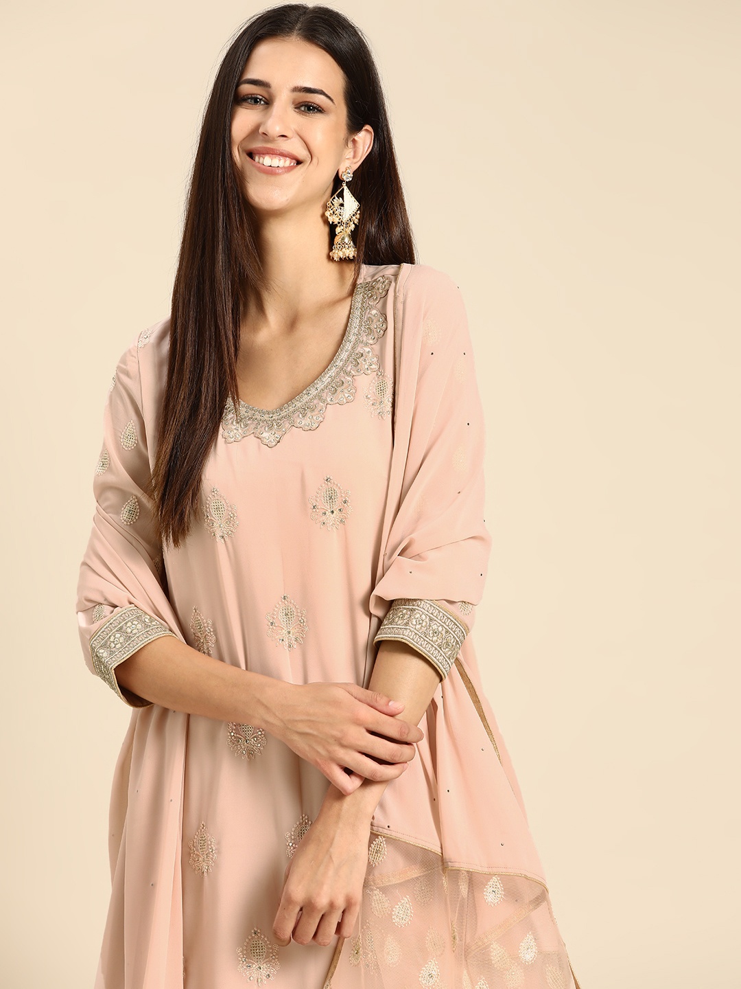 

Anouk Women Pink Embroidered Regular Thread Work Kurta with Trousers & Dupatta