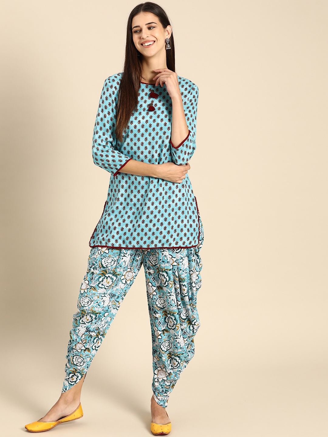 

Anouk Women Blue & Brown Ethnic Motifs Printed Regular Pure Cotton Kurta with Dhoti Pants