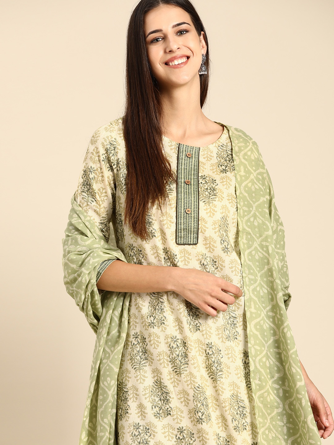 

Anouk Women Green Floral Printed Regular Kurta with Palazzos & With Dupatta