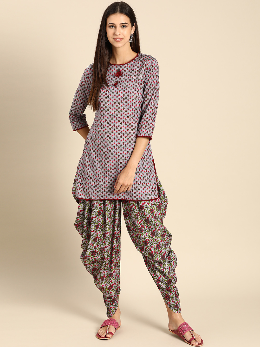 

Anouk Women Grey & Maroon Ethnic Motifs Printed Regular Pure Cotton Kurta with Dhoti Pants