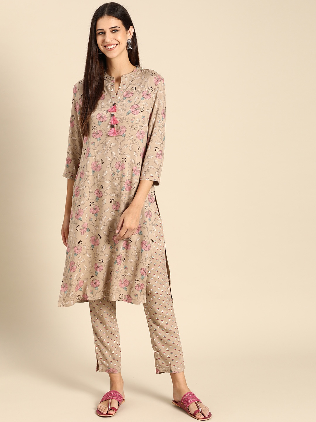 

Anouk Women Beige & Pink Ethnic Motifs Printed Regular Kurta with Trousers