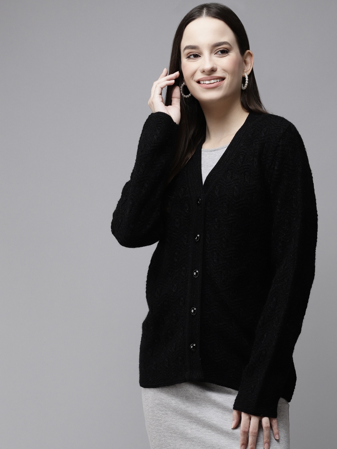 

Cayman Women Black Self Design Woollen Cardigan