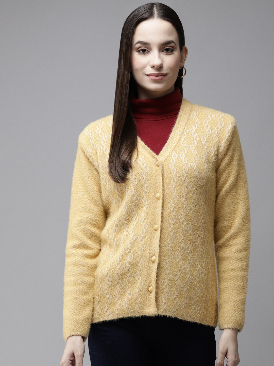 

Cayman Women Yellow & White Fuzzy Self Design Woollen Cardigan