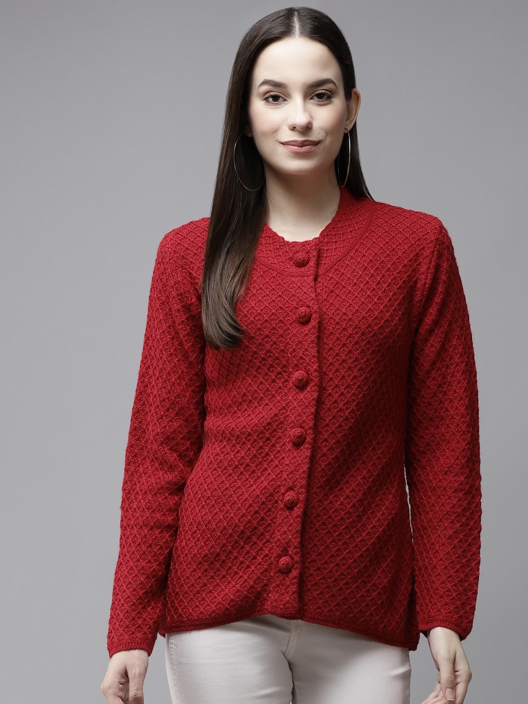 

Cayman Women Red Self Design Woollen Cardigan