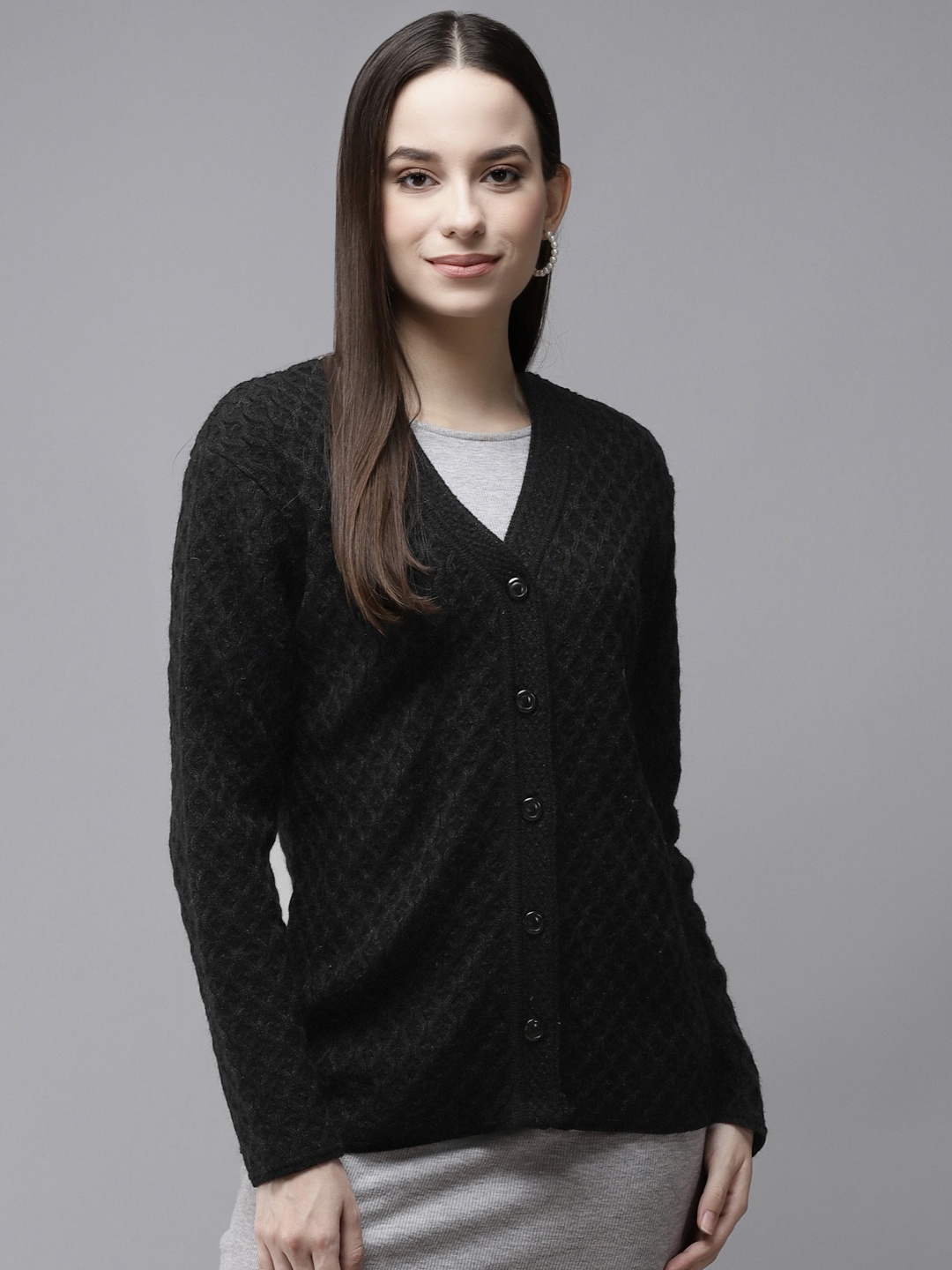 

Cayman Women Black Self Design Woollen Cardigan