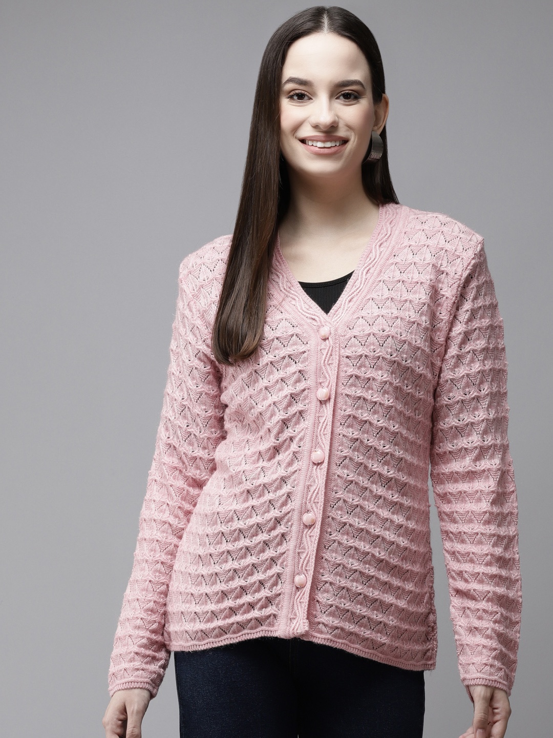 

Cayman Women Pink Open Knit Woollen Cardigan