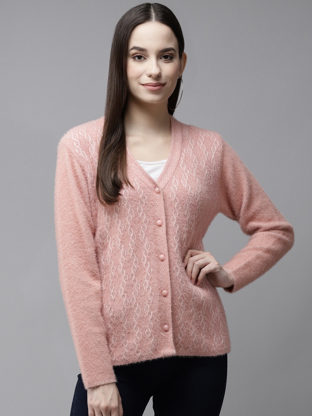 

Cayman Women Pink & White Fuzzy Self Design Woollen Cardigan