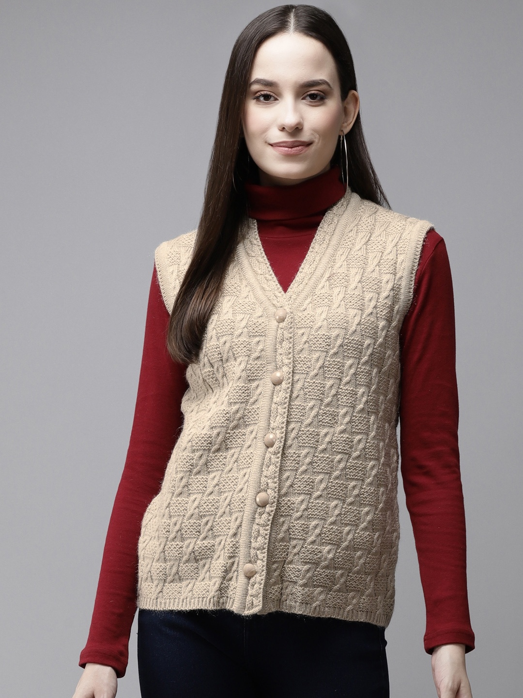 

Cayman Women Beige Self Design Woollen Cardigan