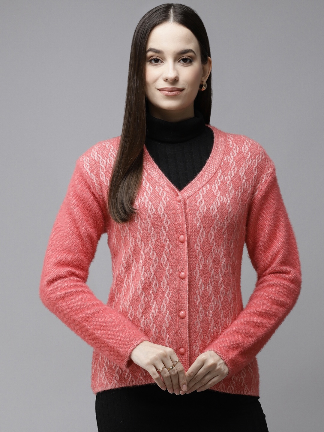 

Cayman Women Pink & White Self Design Woollen Cardigan