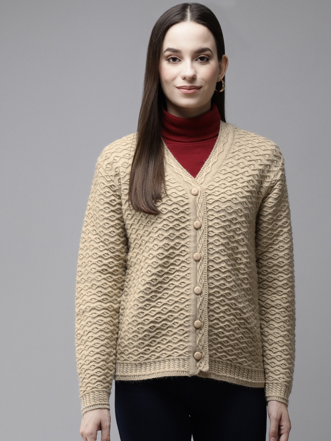 

Cayman Women Beige Self Design Woollen Cardigan