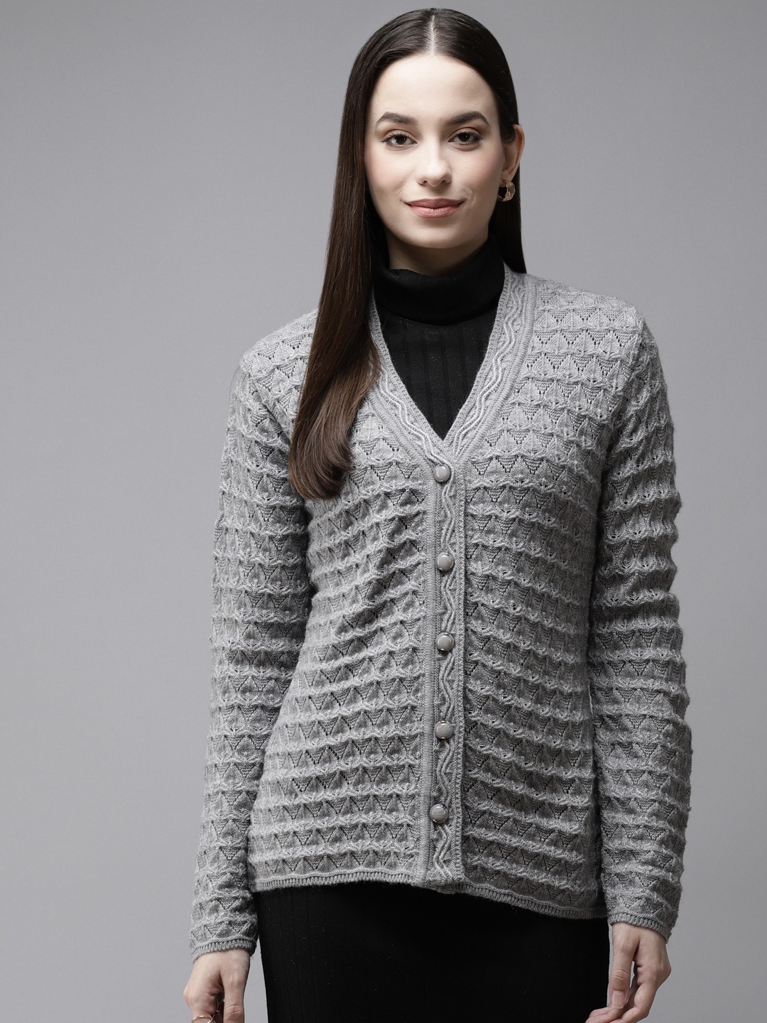 

Cayman Women Grey Open Knit Woollen Cardigan