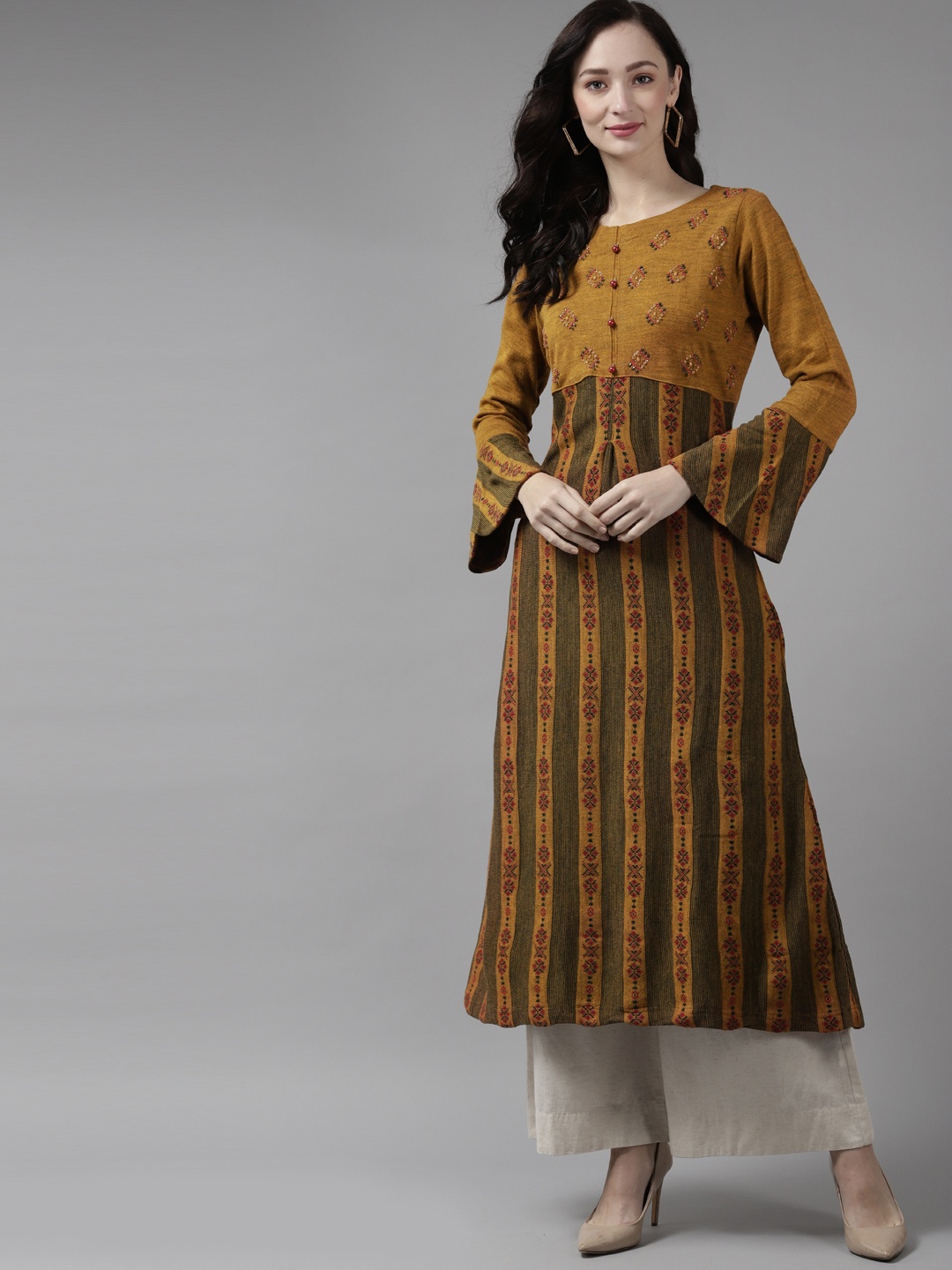 

Cayman Women Mustard Yellow Woven Design Bell Sleeves Woolen Kurta