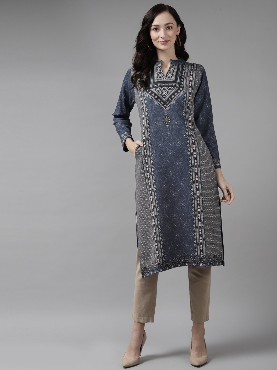 

Cayman Women Navy Blue Woven Design Woolen Kurta
