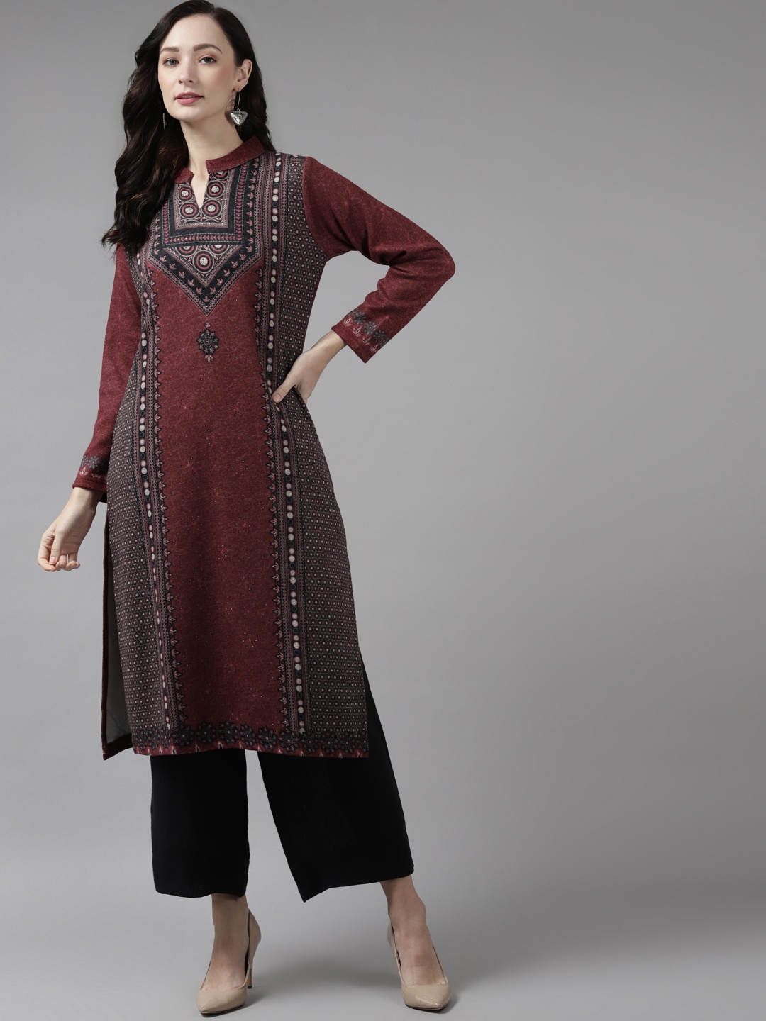 

Cayman Women Burgundy Woven Design Pure Woollen Straight Kurta