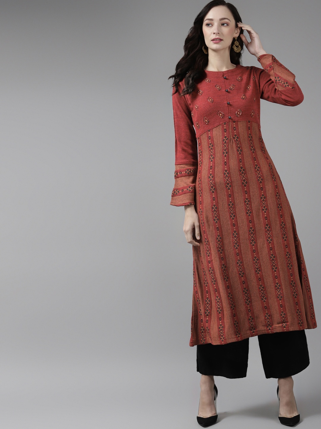 

Cayman Women Maroon Ethnic Motifs Bell Sleeves Pure Wool Straight Winter Kurta