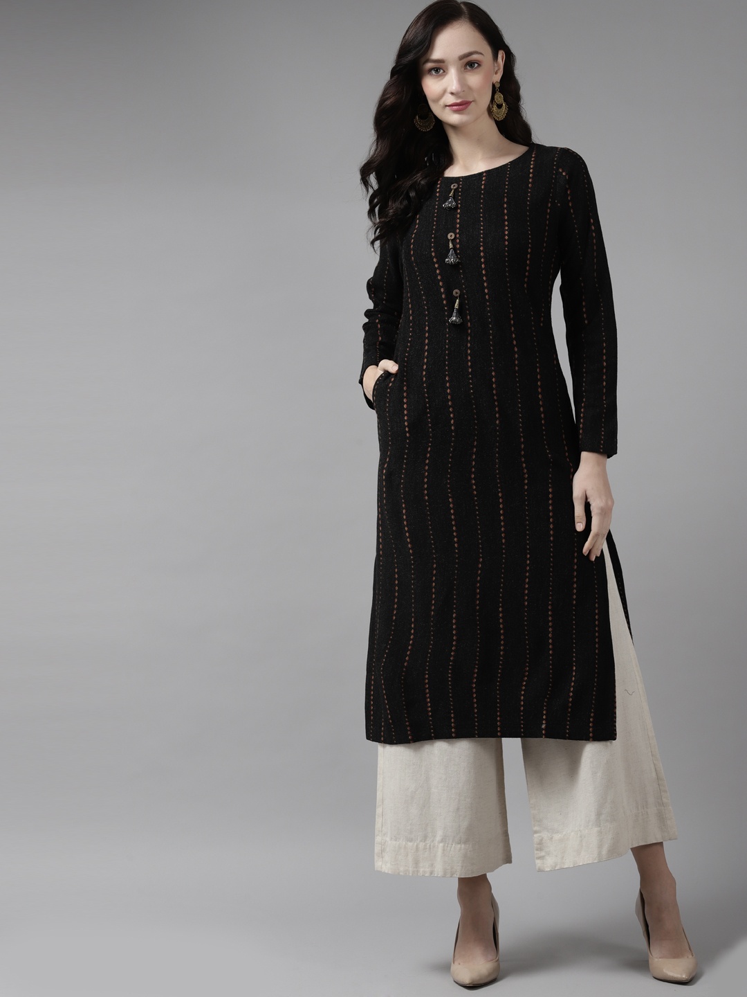 

Cayman Women Black Woven Design Pure Woollen Straight Kurta