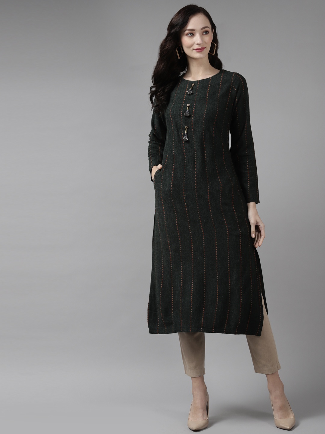 

Cayman Women Olive Green Woven Design Pure Woollen Straight Kurta
