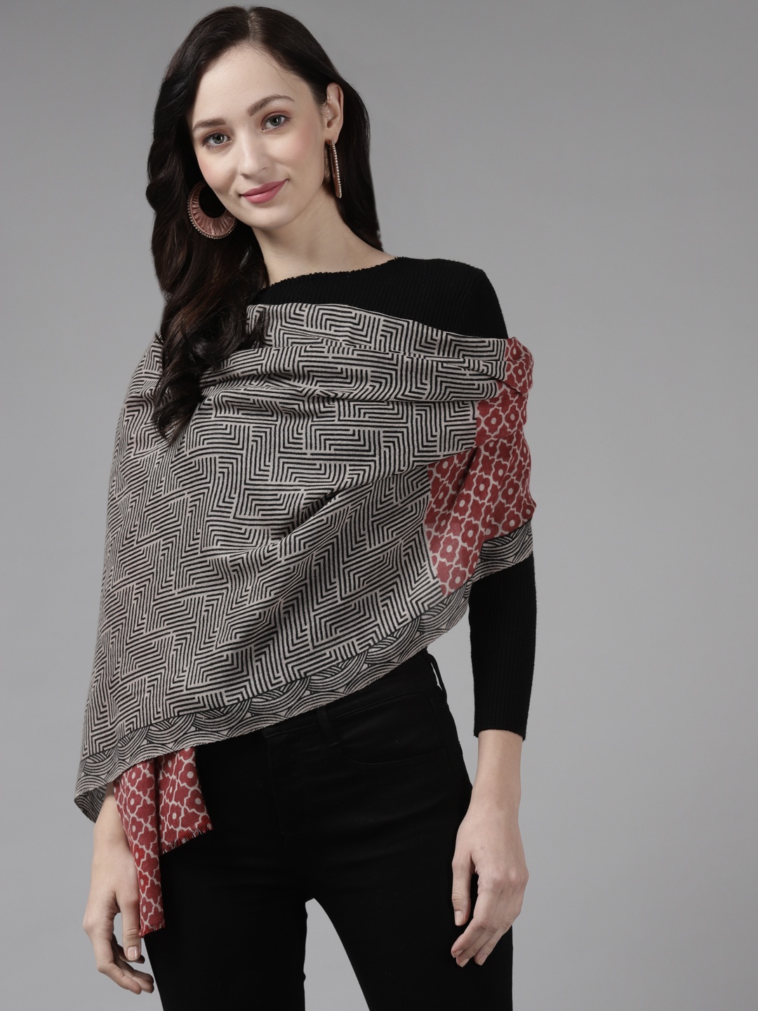 

Cayman Women Red & Charcoal Grey Woven Design Woollen Stole