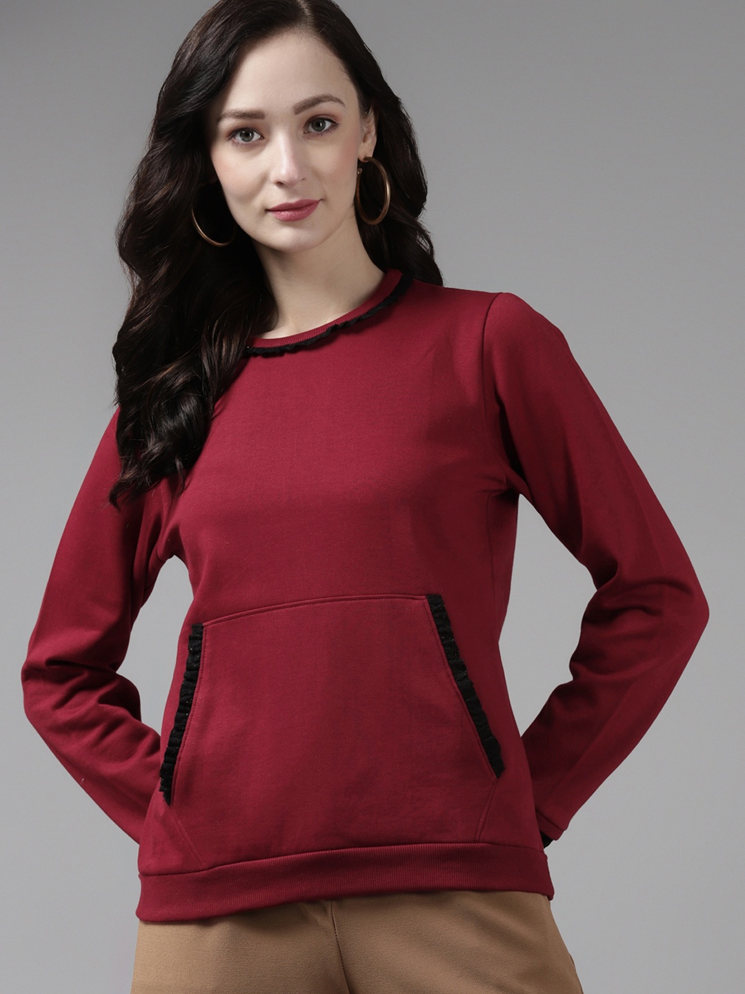 

Cayman Women Maroon Cotton Solid Sweatshirt