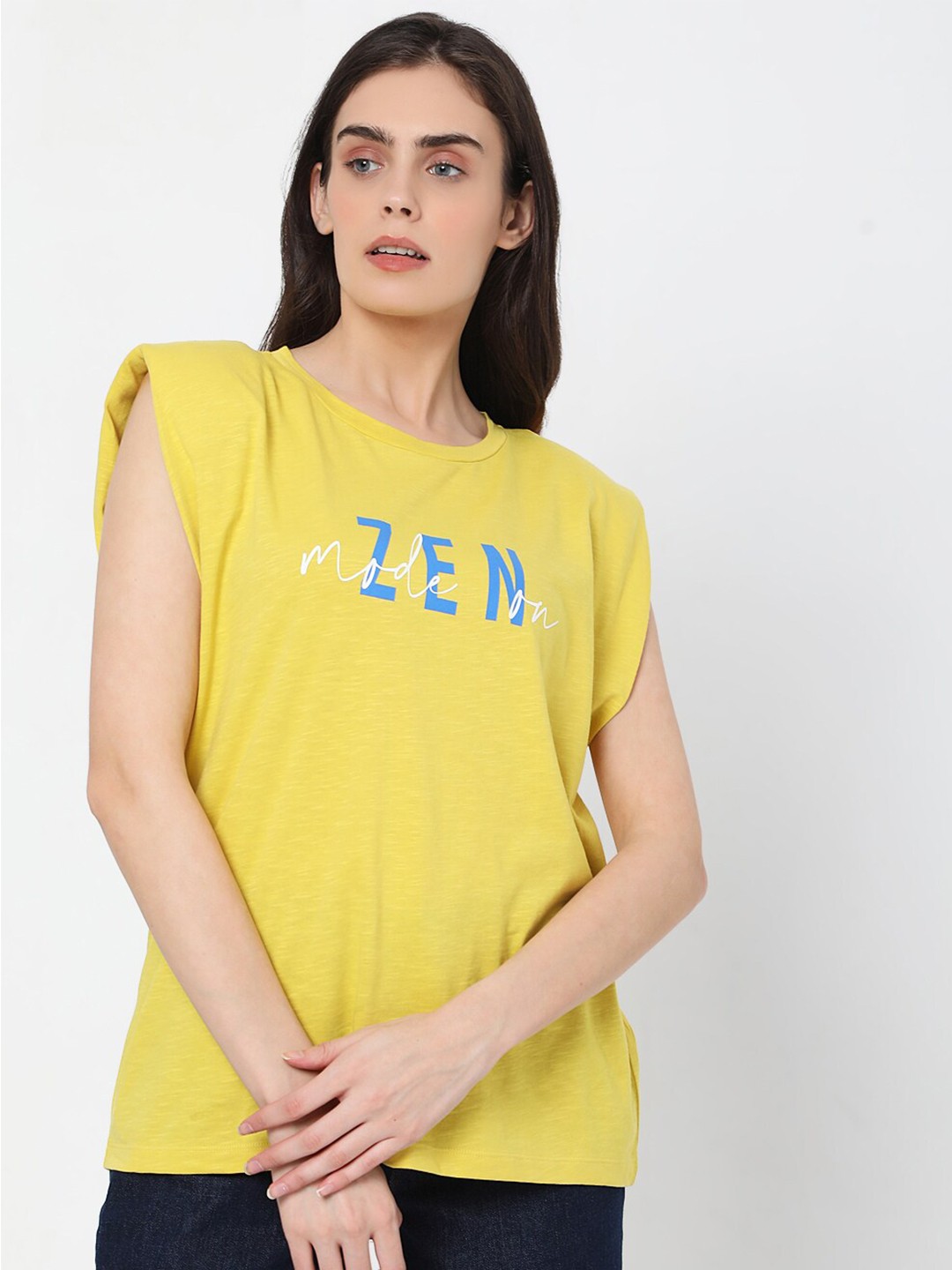 

Vero Moda Women Yellow & Blue Typography Printed Extended Sleeves T-shirt