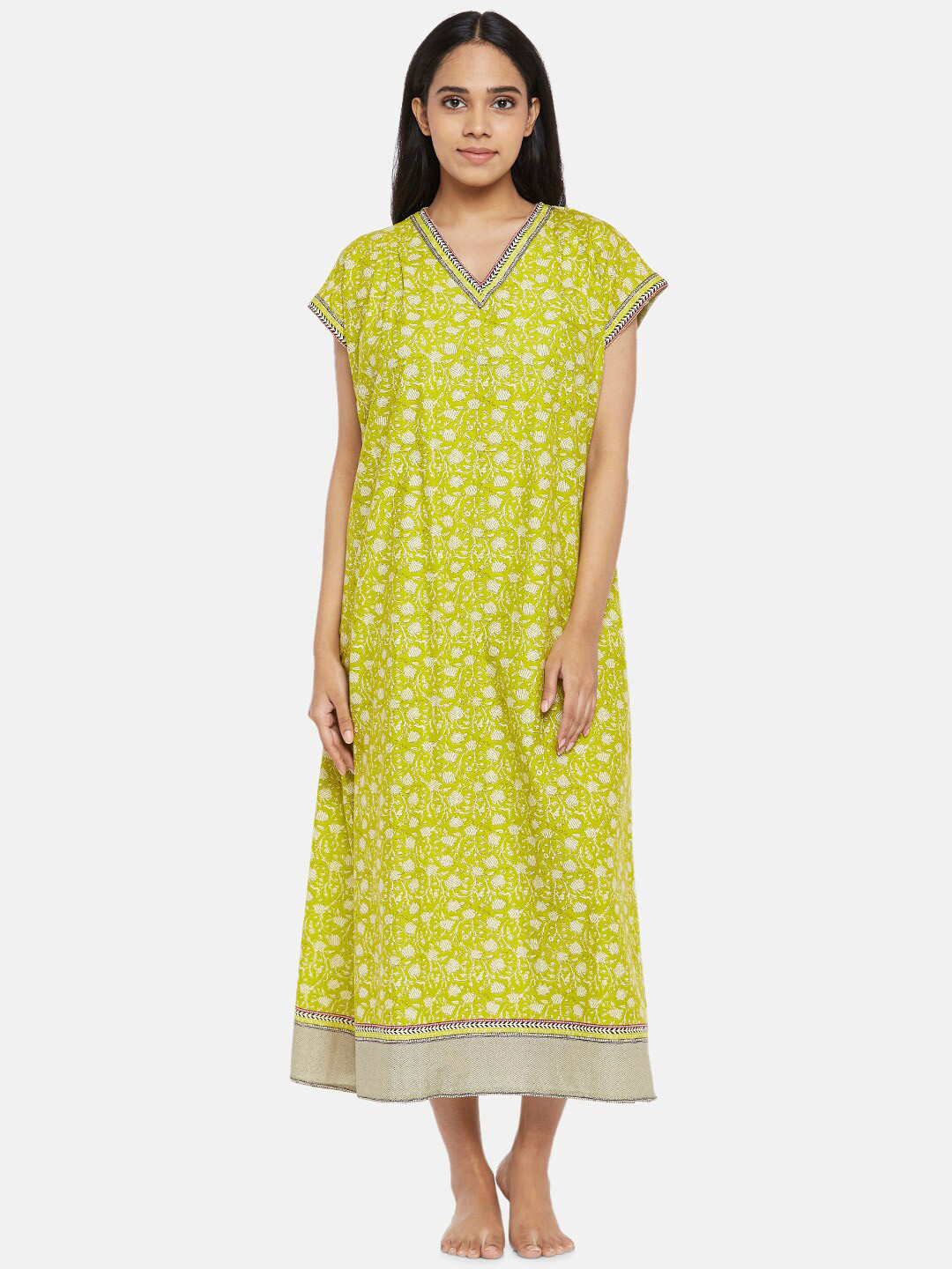 

RANGMANCH BY PANTALOONS Women Lime Green Pure Cotton Printed Nightdress