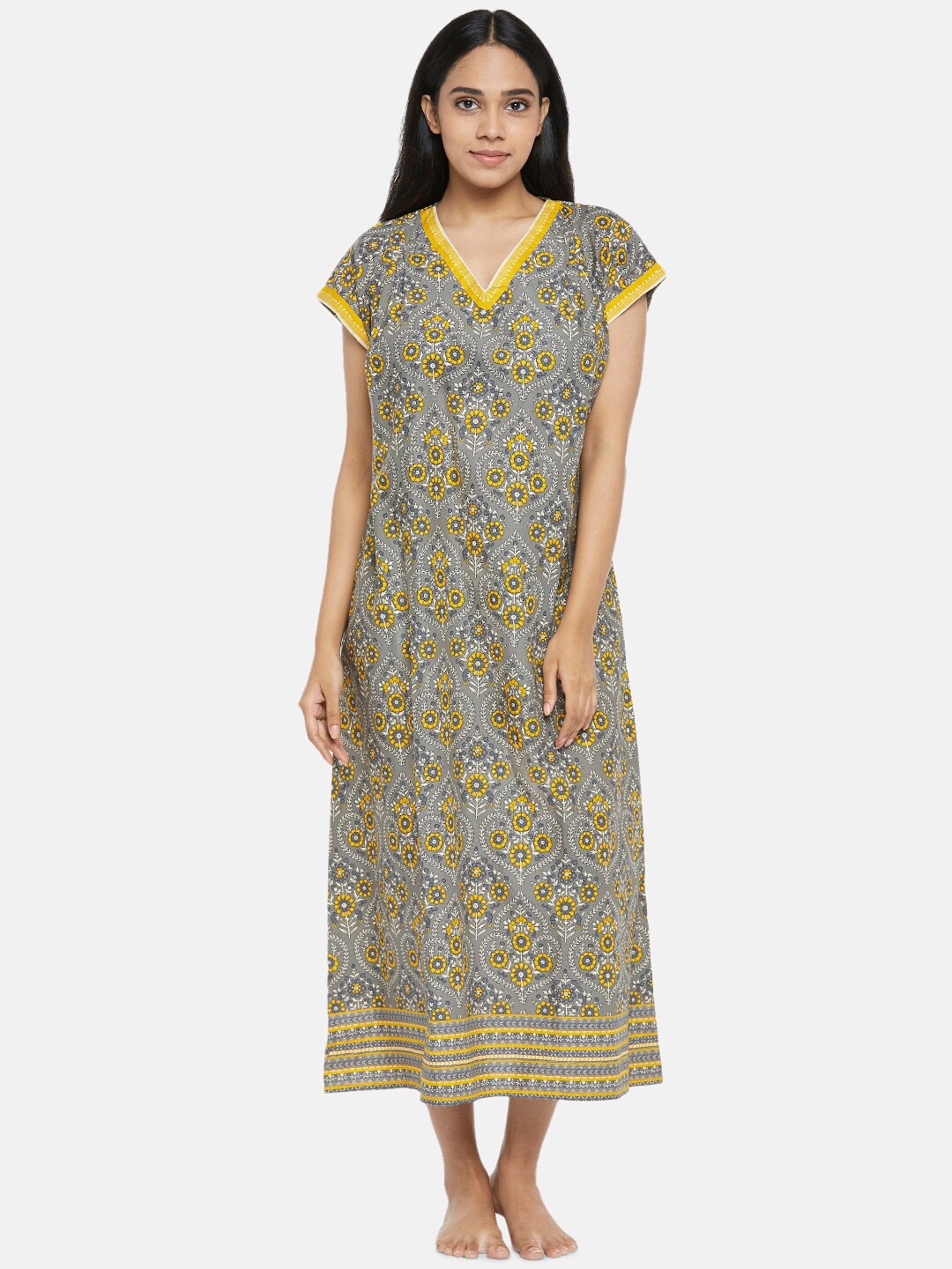 

RANGMANCH BY PANTALOONS Women Grey & Yellow Floral Printed Pure Cotton Nightdress