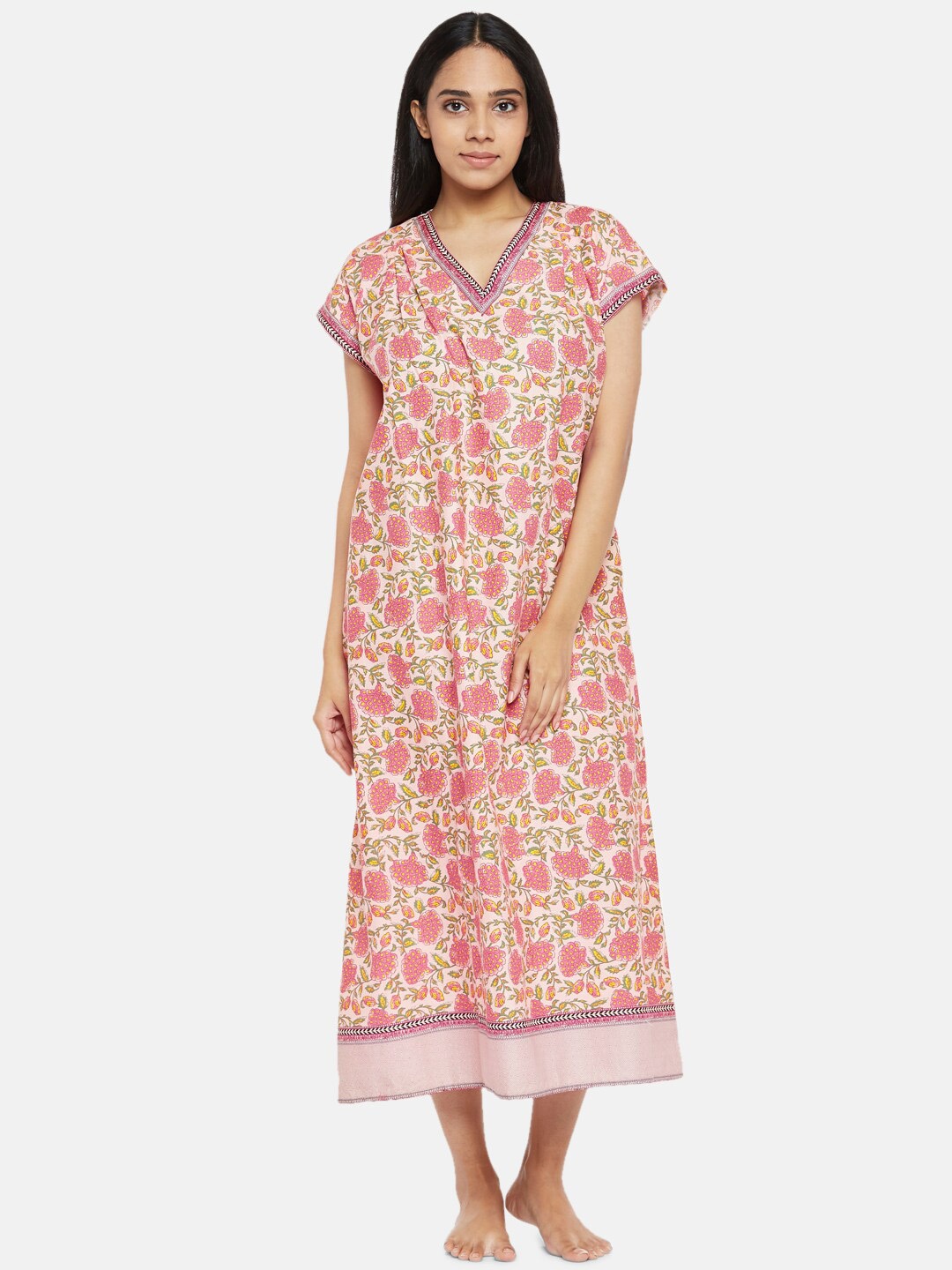 

RANGMANCH BY PANTALOONS Coral Pink & Green Floral Printed Nightdress