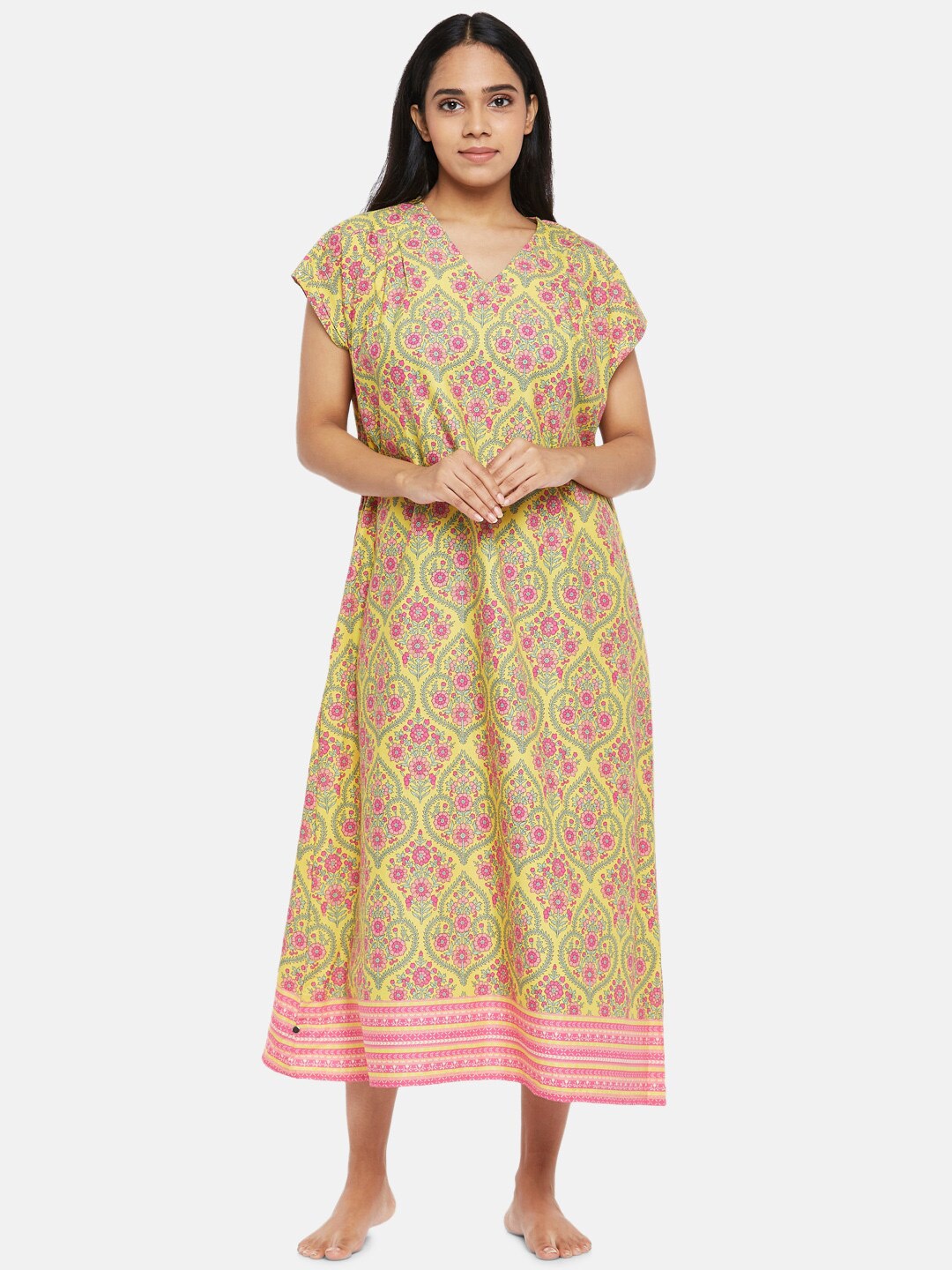 

RANGMANCH BY PANTALOONS Women Yellow Pure Cotton Ethnic Motifs Printed Nightdress