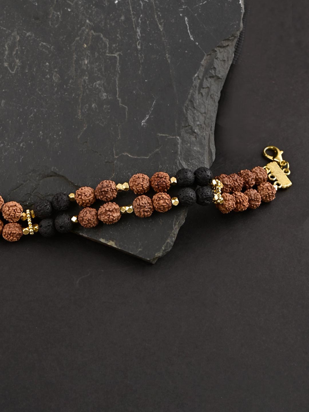 

Tistabene Men Gold-Plated & Black Rudraksha & Lava Beads Charm Bracelet