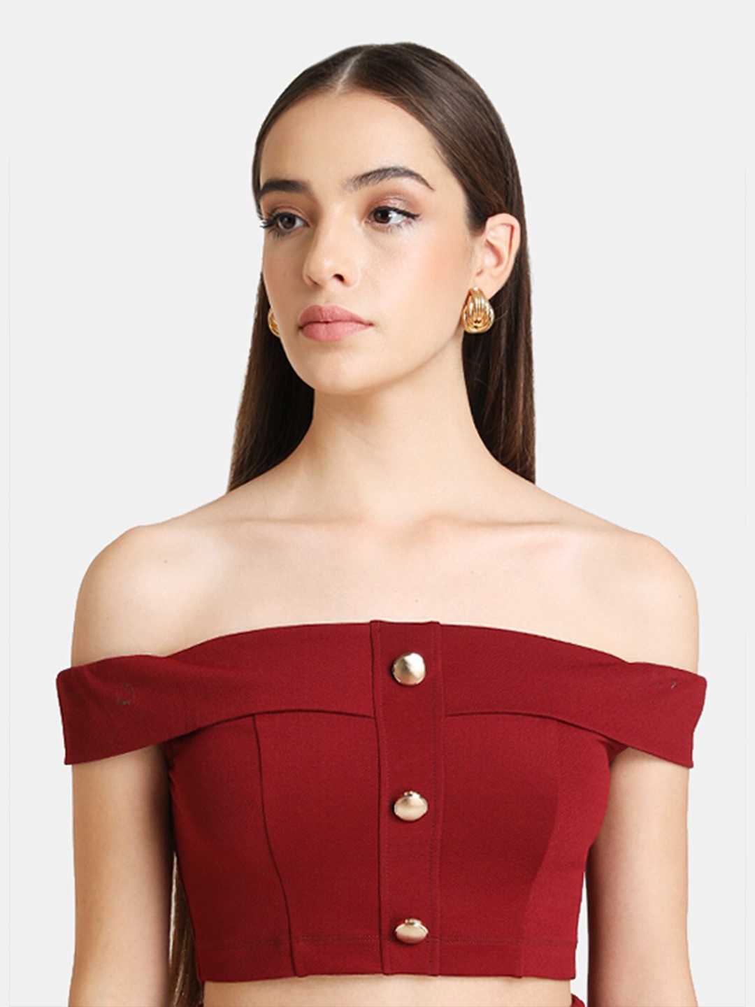 

Kazo Maroon Off-Shoulder Bardot Crop Top