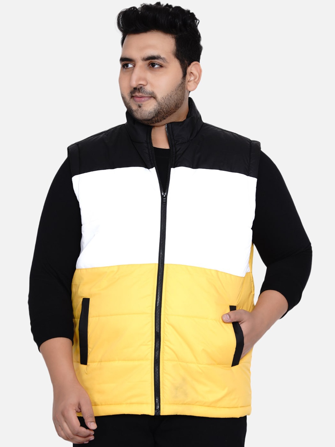 

John Pride Men Plus Size Colourblocked Padded Jacket, Yellow