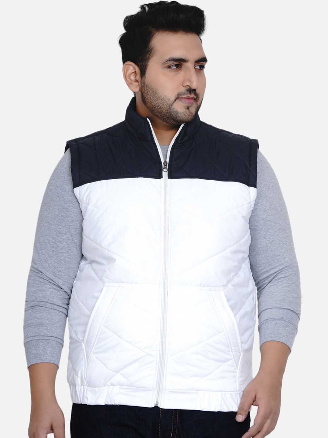 

John Pride Men Plus Size Colourblocked Quilted Jacket, White