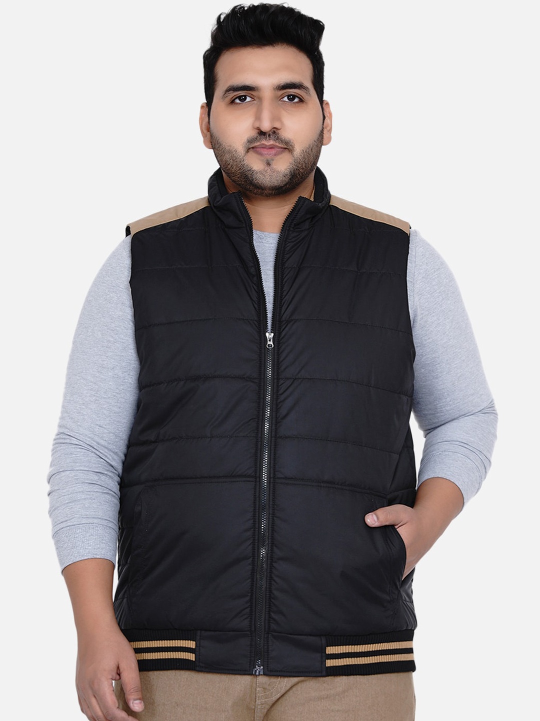 

John Pride Men Plus Size Colourblocked Quilted Jacket, Black