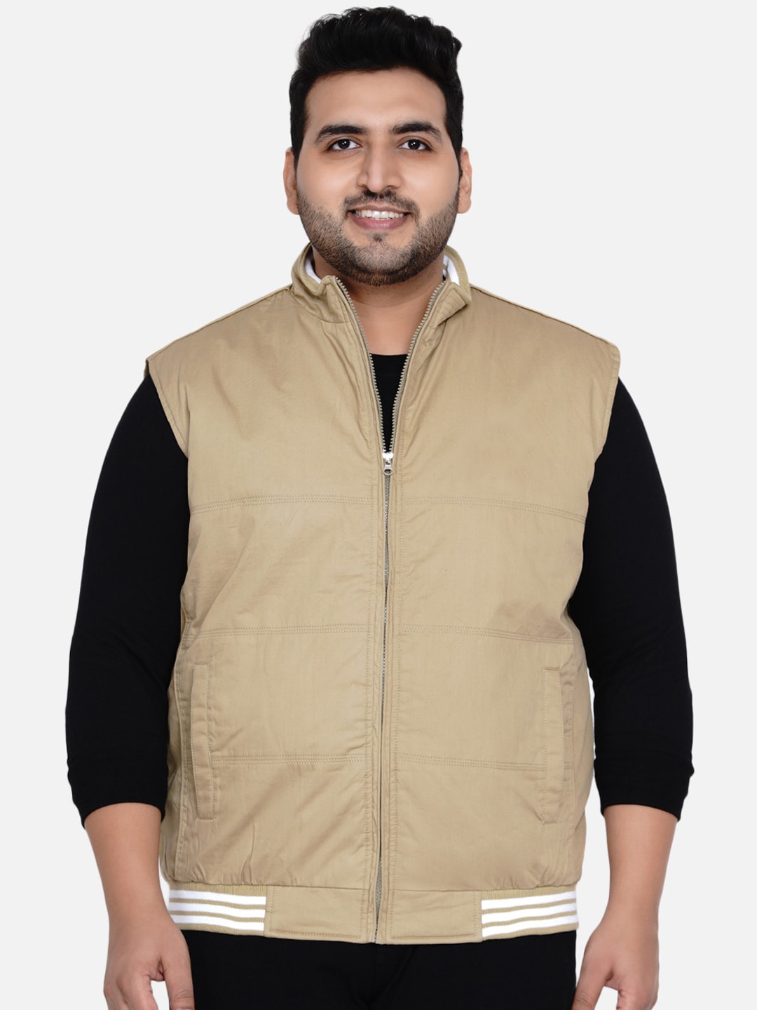 

John Pride Plus Size Men Beige Open Front Jacket