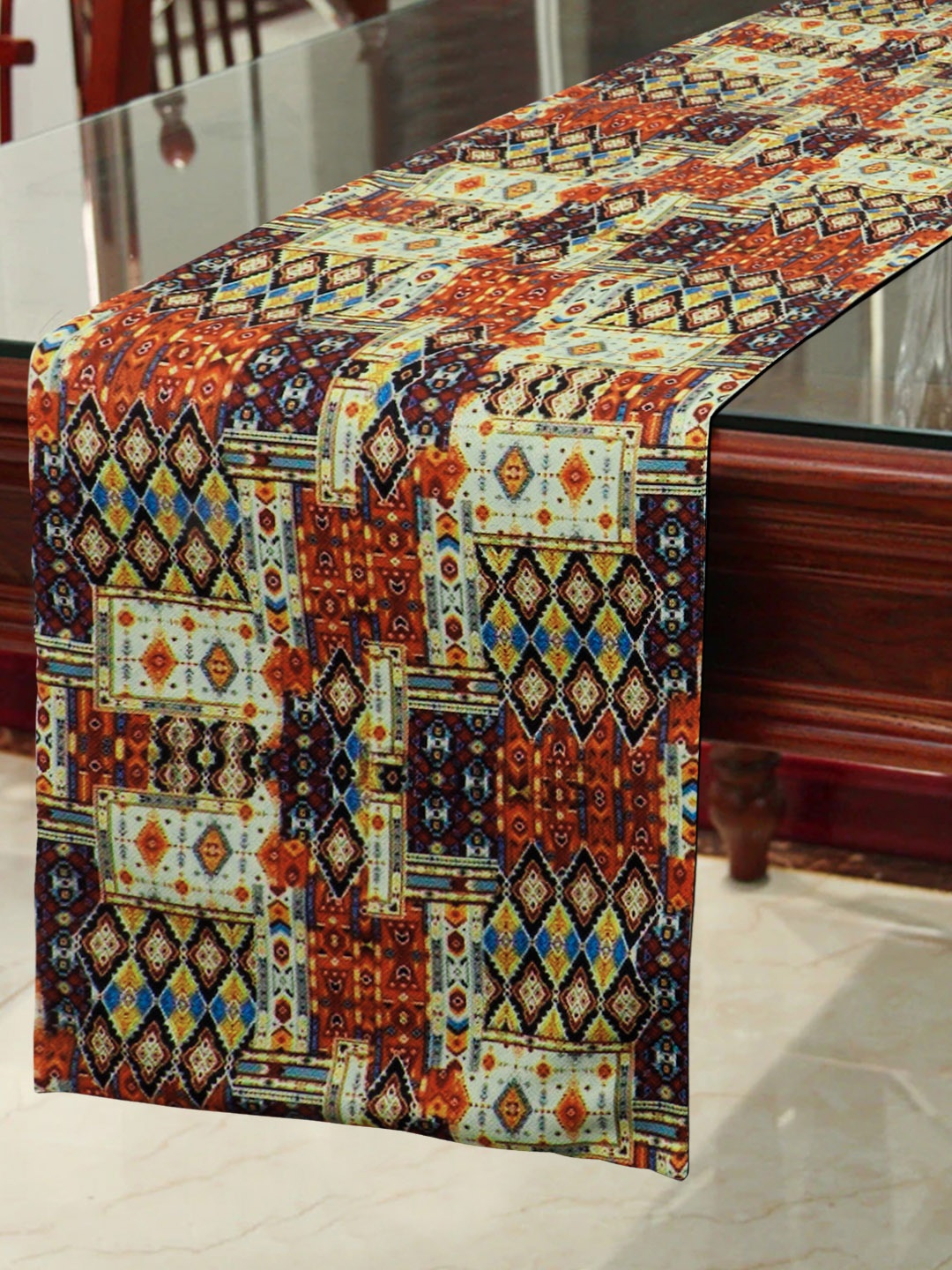 

HomeStorie Cream & Blue Ethnic Motifs Floral Poly Cotton HD Table Runner