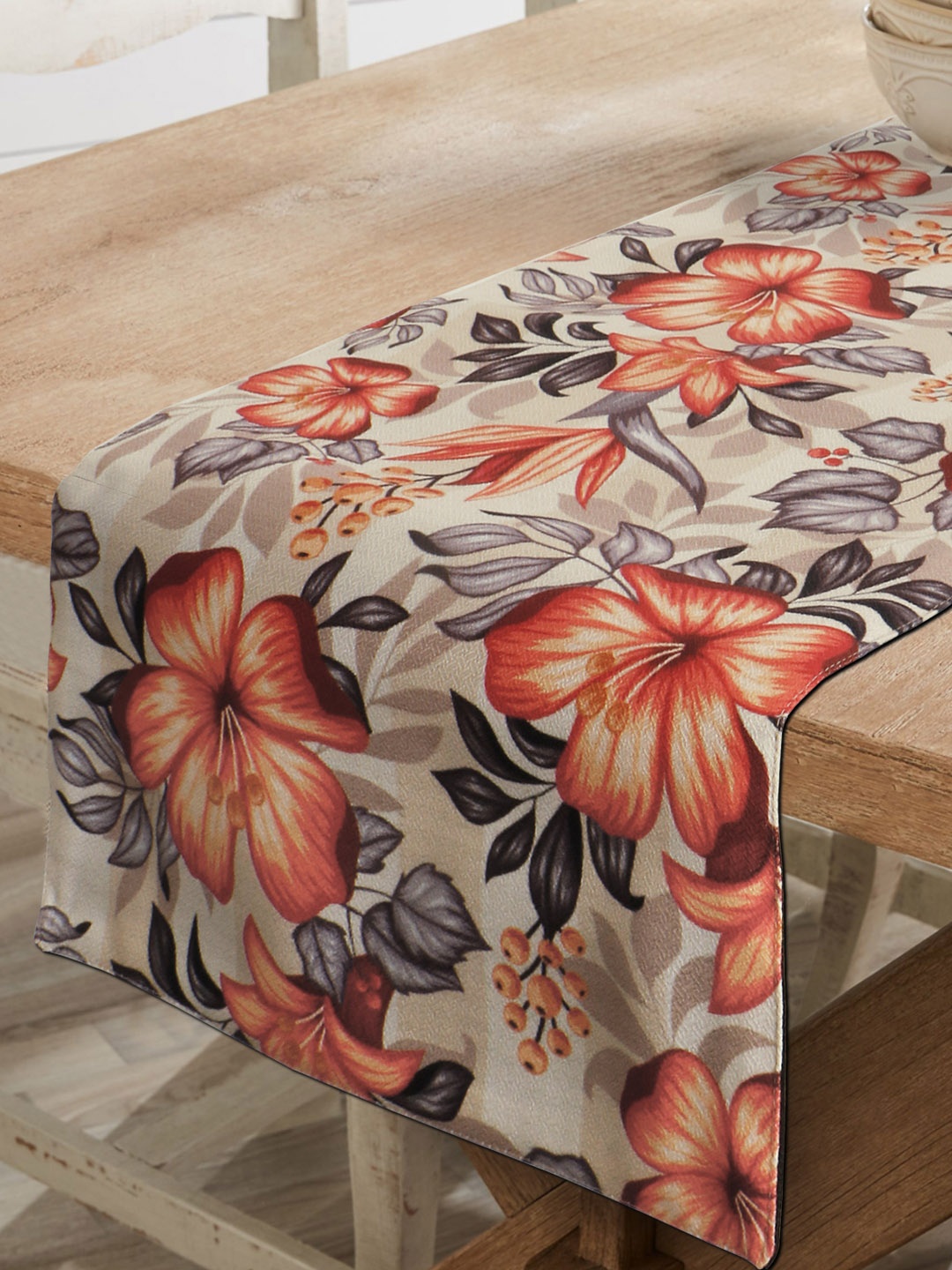 HomeStorie Beige & Orange HD Floral Print Table Runner