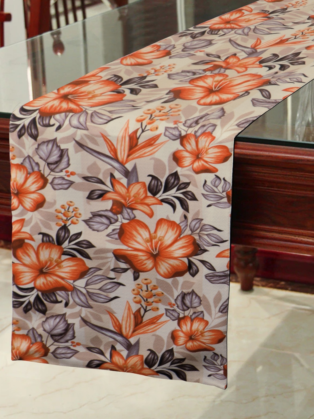 

HomeStorie Beige & Orange HD Floral Print 6-Seater Table Runner